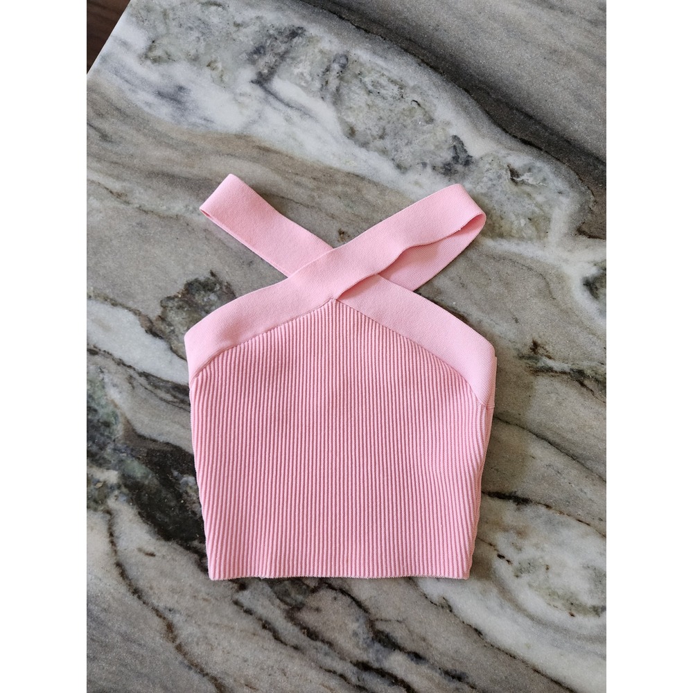 Aritzia Babaton Sculpt Knit Cross Front Halter Top Pink Ribbed Sleeveless XS